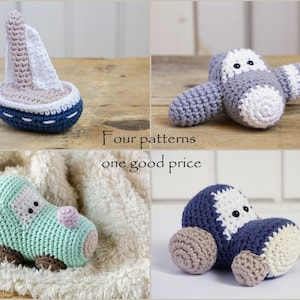 Crochet patterns amigurumi vehicles stuffed toys - sailboat, train engine, airplane and tractorr - pdf tutorials - US English