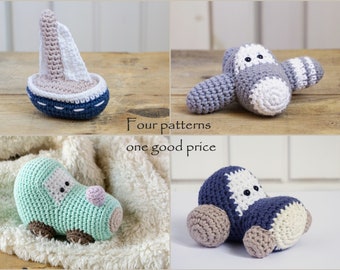 Crochet patterns amigurumi vehicles stuffed toys - sailboat, train engine, airplane and tractorr - pdf tutorials - US English