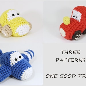 Amigurumi vehicles crochet pattens car, airplane and train toys for little boys written in US English