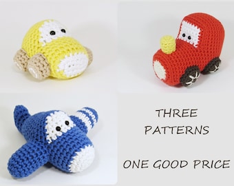 Amigurumi vehicles crochet pattens car, airplane and train toys for little boys written in US English