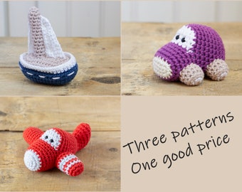 Crochet patterns amigurumi vehicles - car, airplane and sailboat - US English