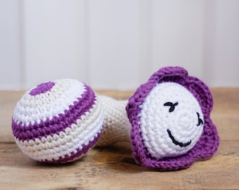 Set of two rattles - Ball and flower rattle - organic cotton crochet toys - purple and white