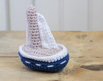 Sailboat baby toy rattle (choose your colors) - organic cotton amigurumi crochet sailing boat