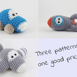 Crochet patterns amigurumi vehicles - car, airplane and rocket - written in US English