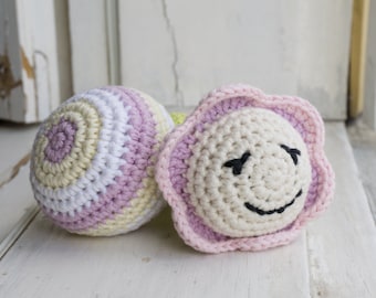 Set of two soft rattles - ball and flower rattle - organic cotton crochet toys - pink and mauve