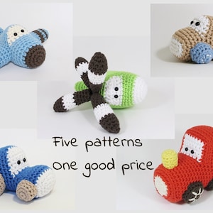 Amigurumi vehicles crochet patterns - airplane, car, helicopter, tractor and train patterns in US English