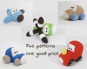 Amigurumi vehicles crochet patterns - airplane, car, helicopter, tractor and train patterns in US English