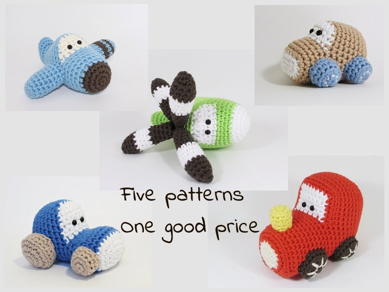 Amigurumi vehicles crochet patterns airplane, car, helicopter, tractor and train patterns in US English image 1