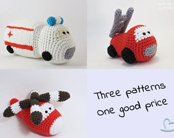 Amigurumi vehicles crochet pattens ambulance car, fire truck and helicopter toys for little boys written in US English