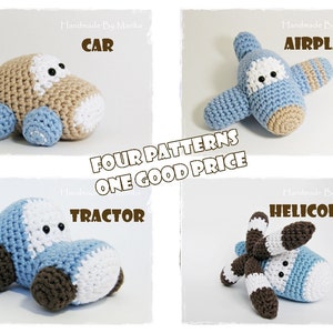 Crochet patterns amigurumi vehicles stuffed toys car, airplane, tractor and helicopter pdf tutorials in US English image 1