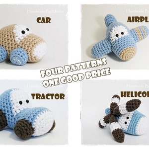 Crochet patterns amigurumi vehicles stuffed toys - car, airplane, tractor and helicopter - pdf tutorials in US English
