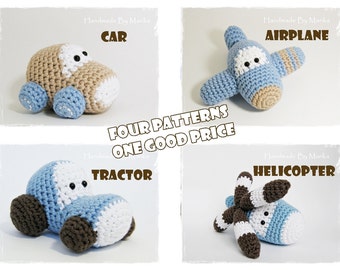 Crochet patterns amigurumi vehicles stuffed toys - car, airplane, tractor and helicopter - pdf tutorials in US English