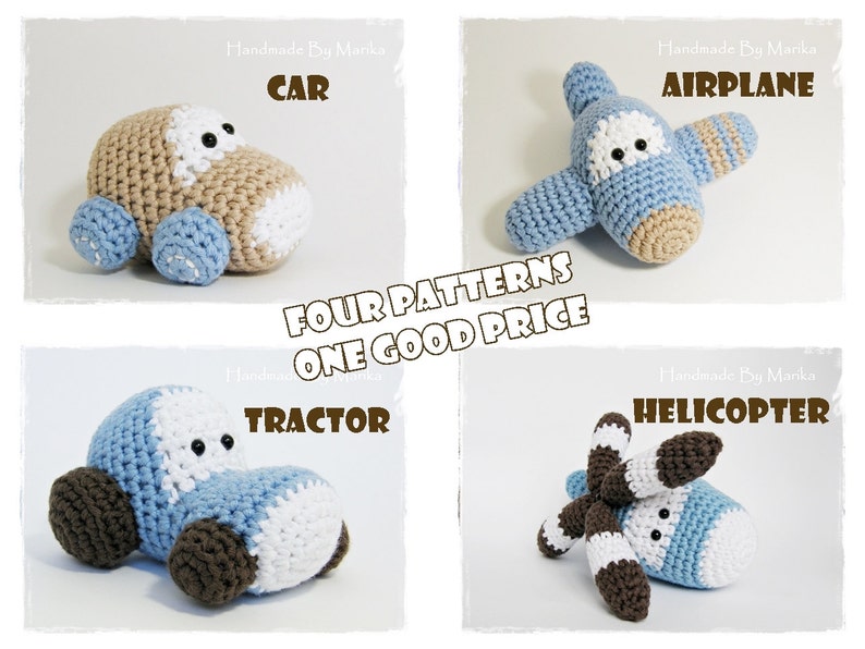 Crochet patterns amigurumi vehicles stuffed toys car, airplane, tractor and helicopter pdf tutorials in US English image 1