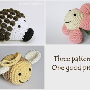 Crochet toy patterns hedgehog, bee and flower toys written in US English image 1