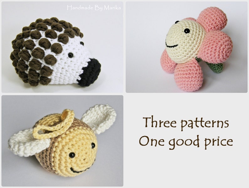 Crochet toy patterns hedgehog, bee and flower toys written in US English image 1