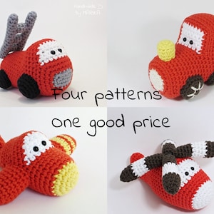 May include: Four crochet patterns for making red toy vehicles: a fire truck, a car, a plane, and a helicopter. The text "Four patterns one good price" is written below the toys.