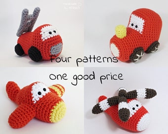 Crochet patterns amigurumi vehicles stuffed toys - fire truck, train engine, airplane and helicopter - pdf tutorials - US English