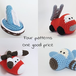 Crochet patterns amigurumi vehicles stuffed toys - fire truck, airplane, sailboat and helicopter - pdf tutorials - US English
