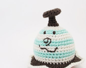 UFO baby rattle - organic cotton crochet stuffed toy - mint, ecru, brown and orange