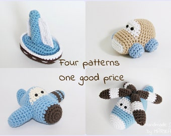 Crochet patterns amigurumi vehicles stuffed toys - car, airplane, sailboat and helicopter - pdf tutorials - US English