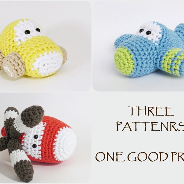 Crochet patterns amigurumi vehicles - car, airplane and helicopter - written in US English