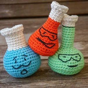Chemistry flask set soft baby rattles - science nerd baby toys - conical flask, round bottomed flask and measuring flask