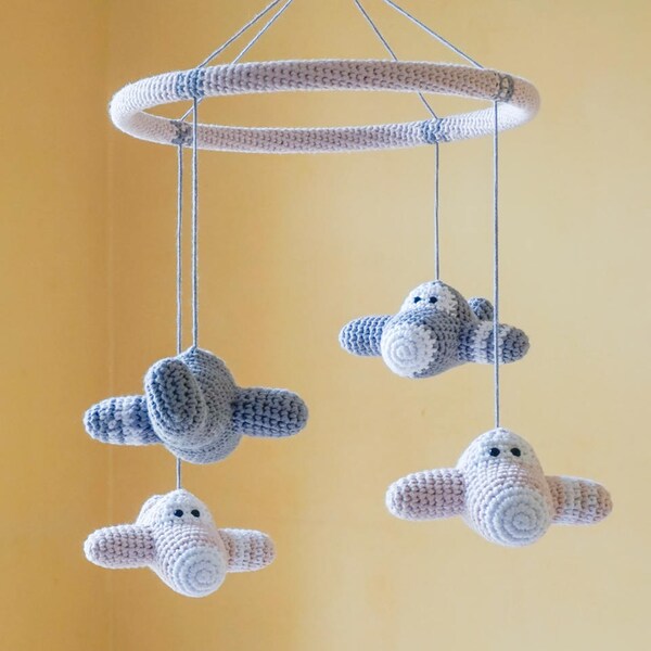 Crochet baby mobile airplanes - organic cotton - custom mobile - nursery decor - pink and gray