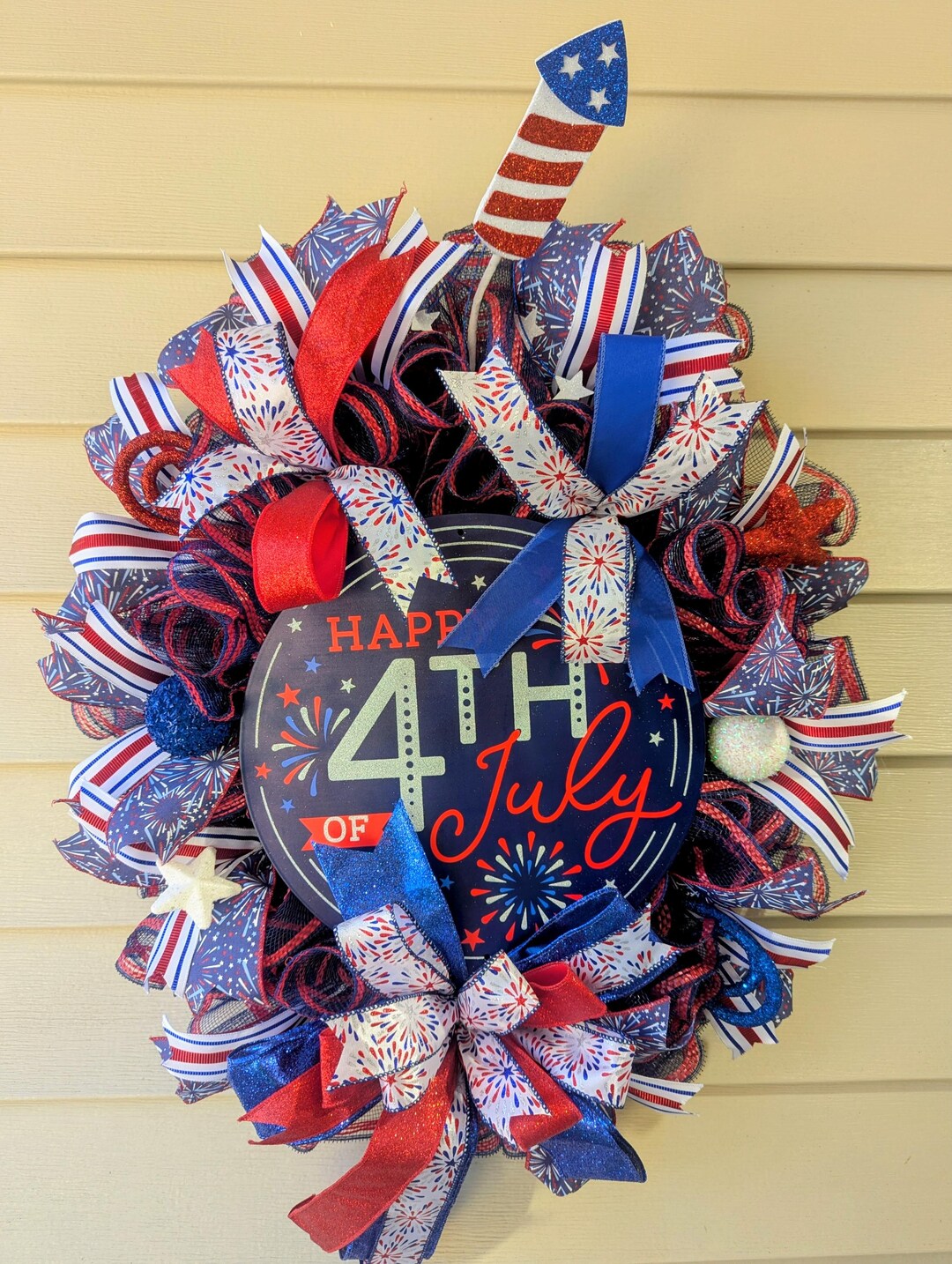 Patriotic 4th of July Wreath, Red White and Blue Deco Mesh Wreath ...