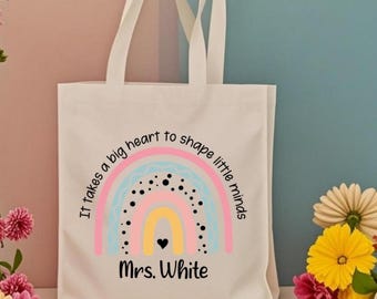Customizable Teacher Tote Bag, Teacher Appreciation Gift, Personalized Teacher Tote, Boho Rainbow Tote Bag, Teachers Gift, Gift For Teacher