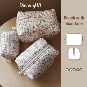Modello di cucito PDF per borsa da toilette trapuntata: nastro sbieco, tutorial illustrato, download immediato