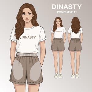 May include: A white t-shirt with the text DINASTY printed on the chest, paired with brown shorts featuring an elastic waistband. The illustration shows the front and back views of the outfit, labeled with the text DINASTY Pattern #S1111.