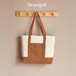 Long Handle Tote Bag Sewing Pattern: With Contrast Bottom, Outside Pocket, Digital Download