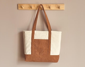 Two Tone Tote Bag Sewing Pattern: With Contrast Bottom, Outside Pocket, Digital Download