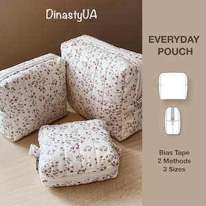 毎日使えるポーチの裁縫パターン：キルティング、バイアステープ、イラスト付きチュートリアル、デジタルダウンロード