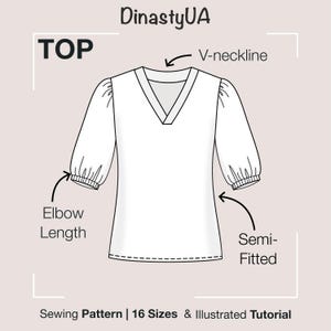 V-Neck Puff Sleeve Top Pattern: PDF Sewing Pattern, Short Sleeve, Elastic Hem, Beginner-Friendly, Illustrated Instruction, 16 Sizes