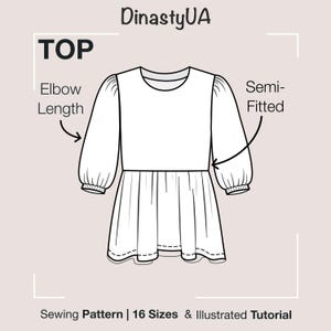 Puff Sleeve Peplum Top Sewing Pattern PDF Round Neck Peplum Blouse with Elastic Hem | 16 Sizes & Illustrated Instruction Instant Download