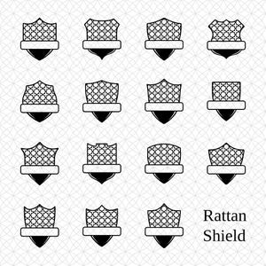 Könnte beinhalten: Ein Raster aus sechzehn schwarz-weißen Symbolen in Schildform mit einem sich wiederholenden Kreuzschraffurmuster, jeweils mit einem horizontalen Balken und einer spitzen Basis. Der Text Rattan Shield steht unten rechts im Bild.