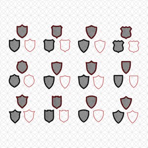 Puede incluir: Una cuadrícula de doce conjuntos de iconos de escudos dispuestos en tres filas y cuatro columnas. Cada conjunto contiene un escudo negro con patrón de malla y un escudo con contorno rojo. Los escudos presentan diversas formas.