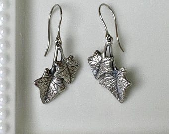 Sterling Silver Ivy Leaf Two Leaf Dangle Earrings: Hand Carved