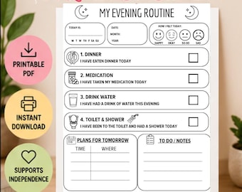 Dementia Daily Care Planner, Alzheimers Checklist, Caregiver Routine Tracker,  Evening Schedule (Digital Download)
