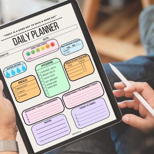 A daily planner printable with a light pink background. The planner has sections for water intake, meals, hygiene, bathroom check, medication tracker, important things to remember, notes, today's tasks, and something I've learned today. The planner also has a section for how you feel today with five emojis representing different emotions. The planner is on a tablet or iPad to use.