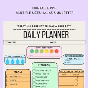 A printable planner has sections for water intake, meals, hygiene, bathroom check, medication tracker, important things to remember, and something I've learned today. The planner also has a section for how you feel today with five emojis representing different moods. The text on the planner reads 'Daily Routine Planner', 'Printable PDF', 'Multiple Sizes: A4, A5 & US Letter', 'Today is:', 'Today is a good day to have a good day', 'Daily Planner', 'Date:', 'How I Feel Today',