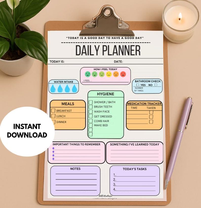 A daily planner printable with a light pink background. The planner has sections for water intake, meals, hygiene, bathroom check, medication tracker, important things to remember, notes, today's tasks, and something I've learned today. The planner also has a section for how you feel today with five emojis representing different emotions. The planner is on a clipboard with a brown background.