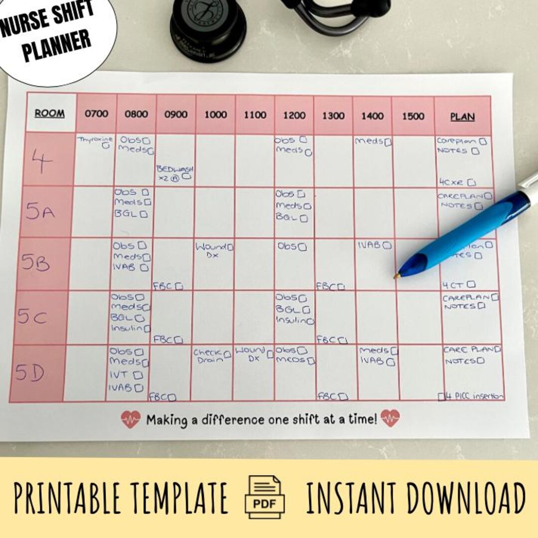 Nurse Shift Planner AM: Hourly Schedule, Printable Nursing Organizer ...
