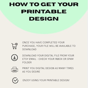 A green and white printable design guide with instructions on how to download and print a digital design. The text reads: 'How to Get Your Printable Design', 'Once you have completed your purchase, your file will be available to download', 'Download your digital file from your Etsy email - check your inbox or spam folder', 'Print you digital design as many times as you desire', 'Enjoy using your printable design!', 'This is a digital product - no physical product will be shipped to you!'