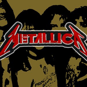 May include: Embroidered patch featuring the band name "METALLICA" in red, outlined in white and black, with a stylized arrow design. The patch is set against a gold and black background with band member silhouettes.