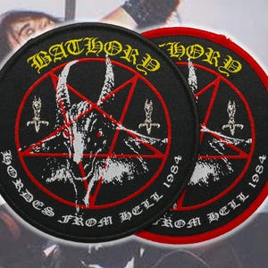 May include: Two circular embroidered patches featuring a black background with a red pentagram and a white goat head illustration. The text BATHORY is in yellow at the top, and the text HORDES FROM HELL 1984 is in white along the bottom edge.