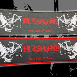 May include: Two rectangular embroidered patches featuring the text BLASPHEMY in red gothic lettering and the text Fallen Angel Of Doom in smaller red font. Each patch displays a white graphic of a winged figure holding a bow and arrow.