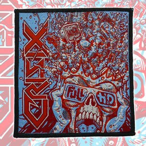 Pode incluir: Patch quadrado com borda preta com um design gráfico vermelho e azul. O design inclui a palavra "GRX" em vermelho, uma caveira usando óculos 3D e uma multidão de figuras. As palavras "FULL 3D" estão nos óculos.