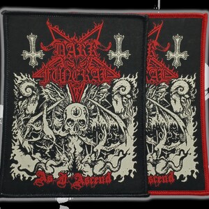 May include: Two rectangular fabric patches featuring the Dark Funeral logo in red text with an inverted pentagram, a central skull, and ram imagery in white. The text As I Ascend is printed in red at the bottom of the black embroidered patches.